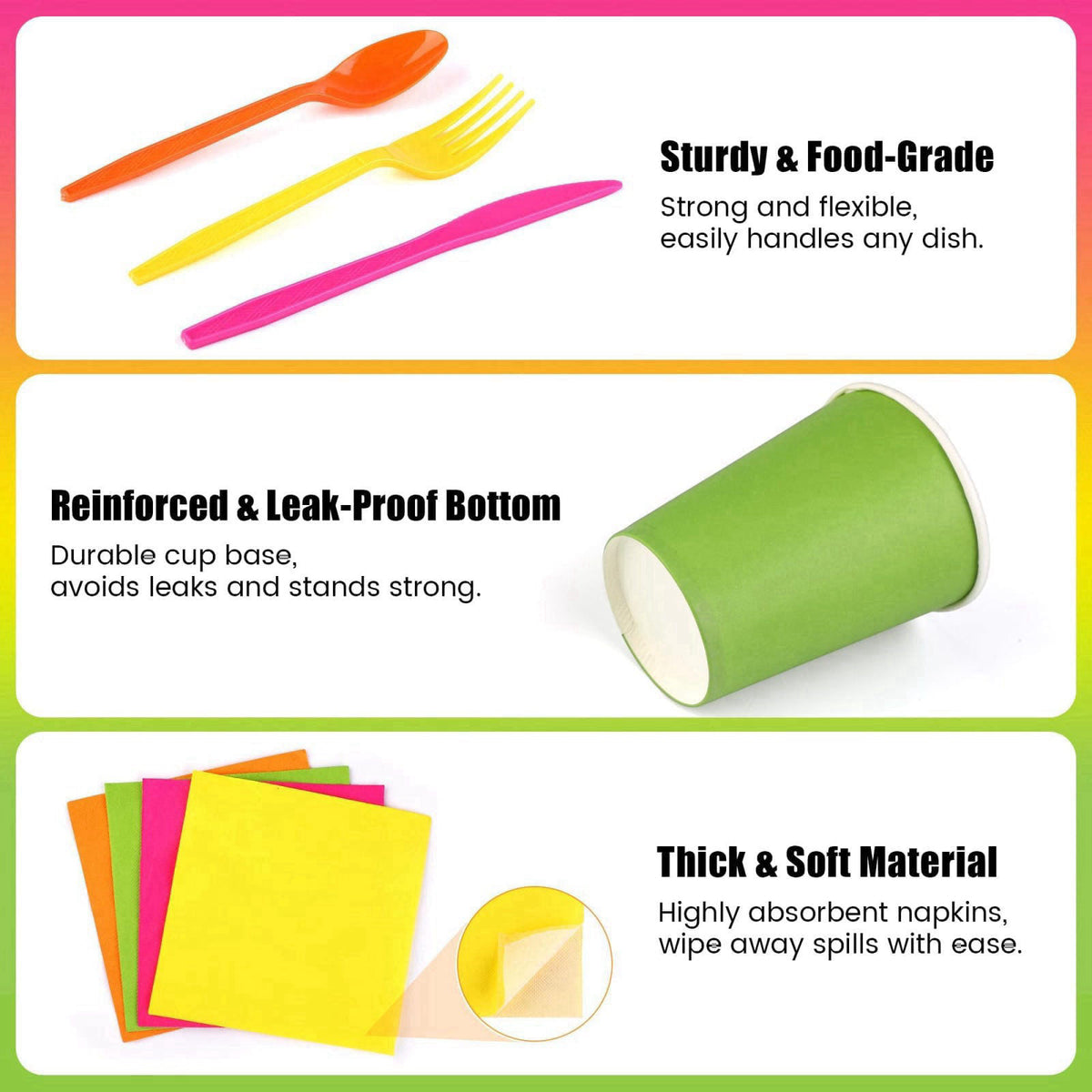 Kochorie 350 Pieces Neon Dinnerware Set, 7 & 9 inch Dessert Paper Plates Cups Napkins Plastic Cutlery Disposable Party S
