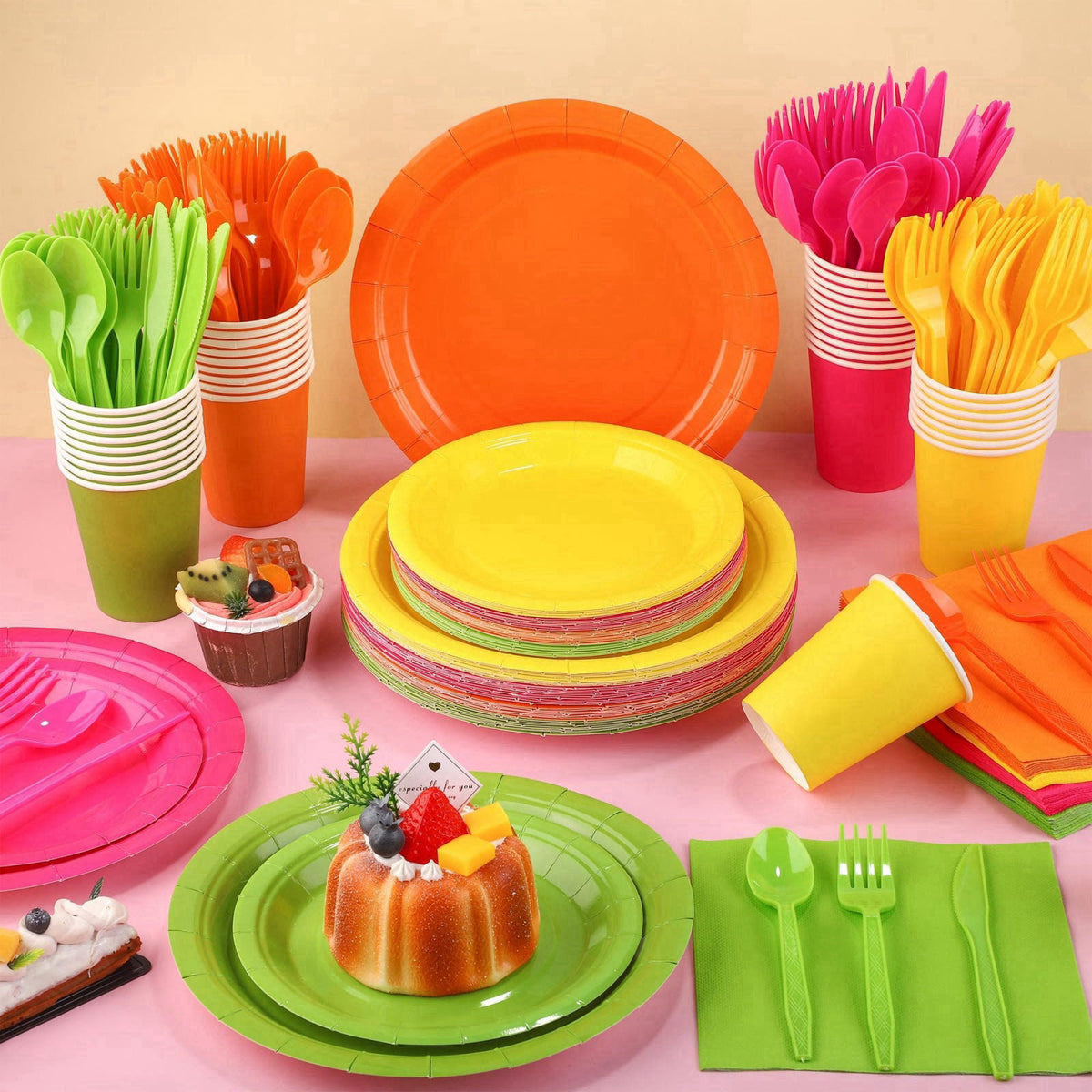 Kochorie 350 Pieces Neon Dinnerware Set, 7 & 9 inch Dessert Paper Plates Cups Napkins Plastic Cutlery Disposable Party S
