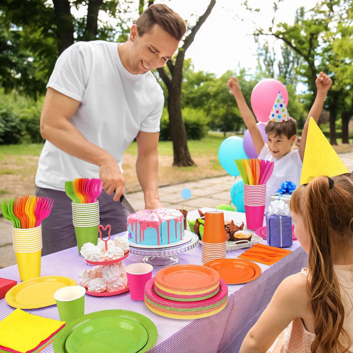 Kochorie 350 Pieces Neon Dinnerware Set, 7 & 9 inch Dessert Paper Plates Cups Napkins Plastic Cutlery Disposable Party S