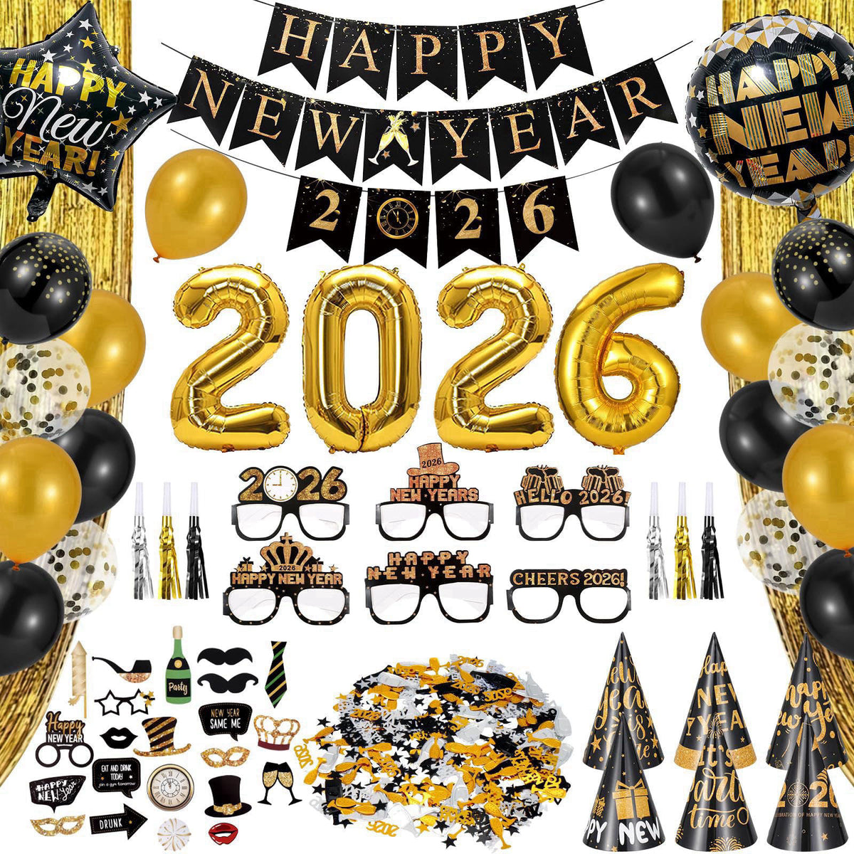 CIEOVO New Years Eve Party Supplies 2026, Black Gold New Years Foil Balloon Decorations Banner Hats Glasses Noisemakers 
