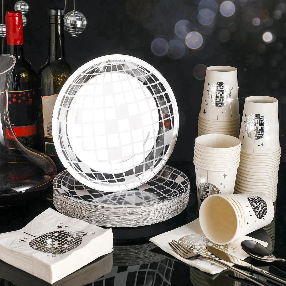 Gerrii 150 Pcs Disco Party Plates Cups Napkins Decorations 70s Hip Hop – close-up detail in Silver, White