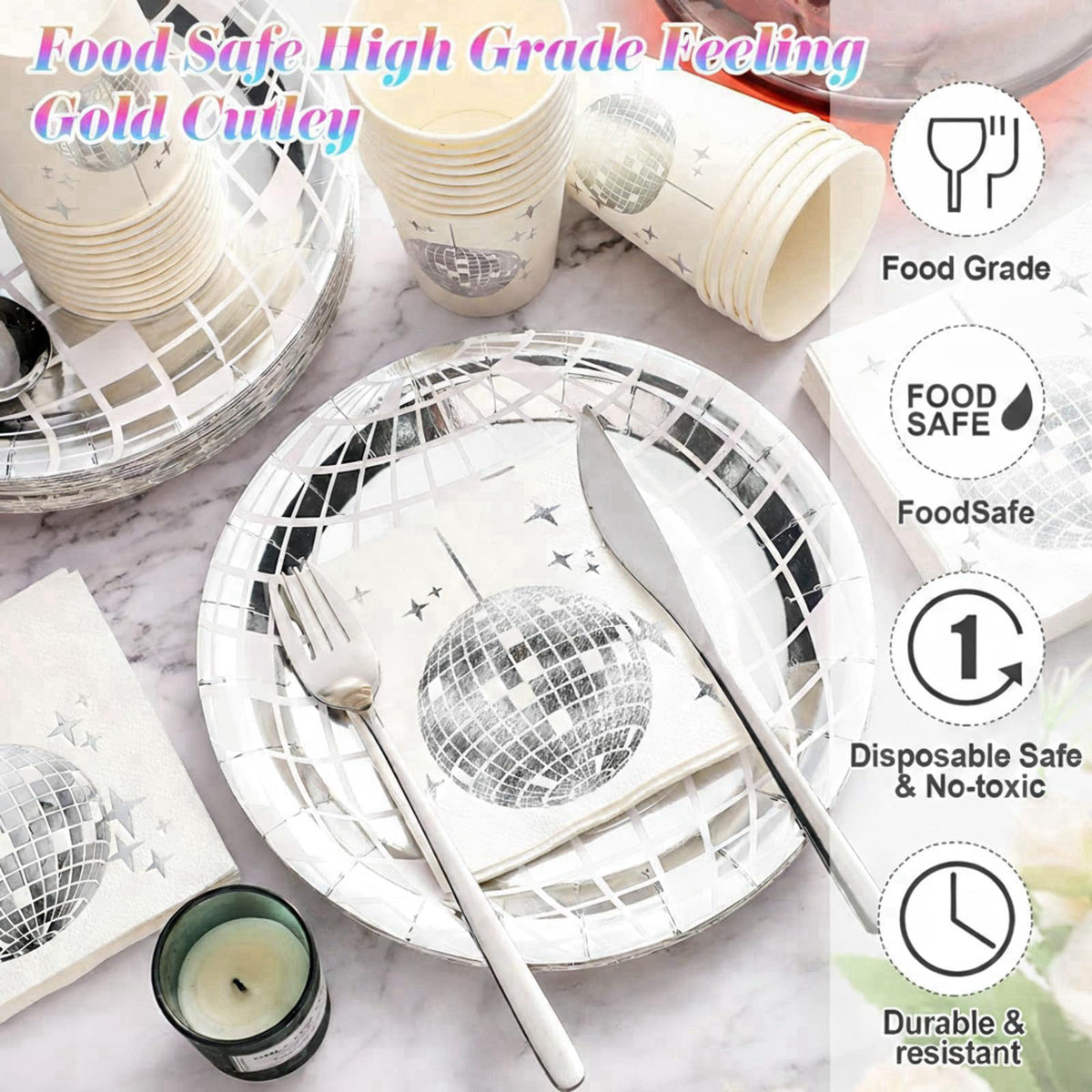 Gerrii 150 Pcs Disco Party Plates Cups Napkins Decorations 70s Hip Hop – packaging and label