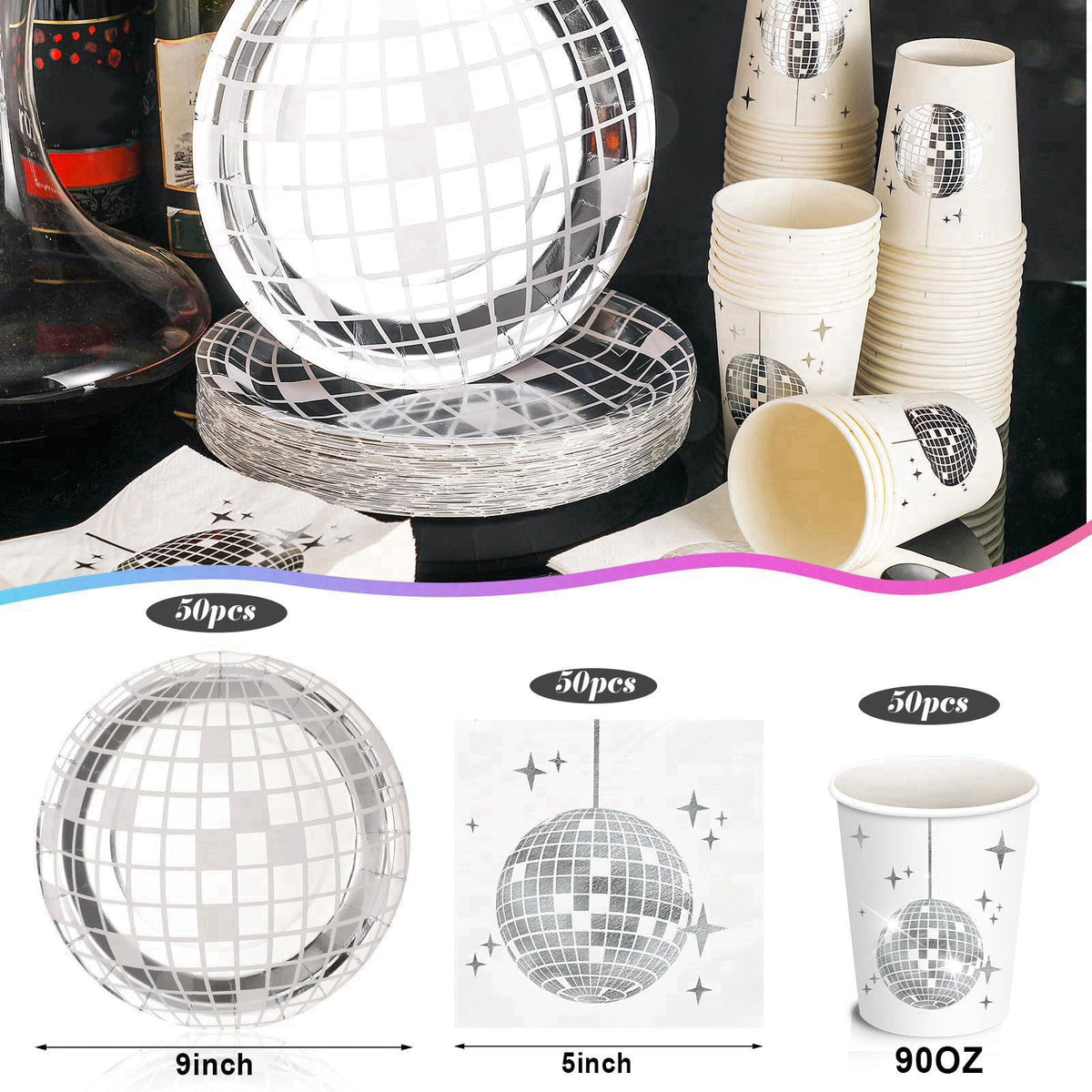 Gerrii 150 Pcs Disco Party Plates Cups Napkins Decorations 70s Hip Hop – full view