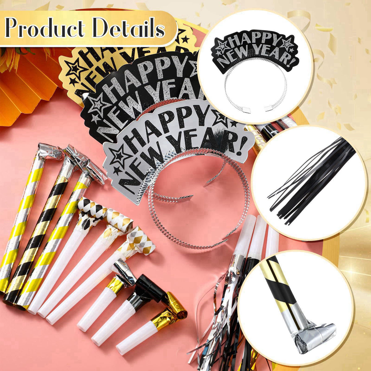 Lenwen 18 Pcs New Years Eve Noise Makers Horn Blowers Headband,Multicolor – packaging and label