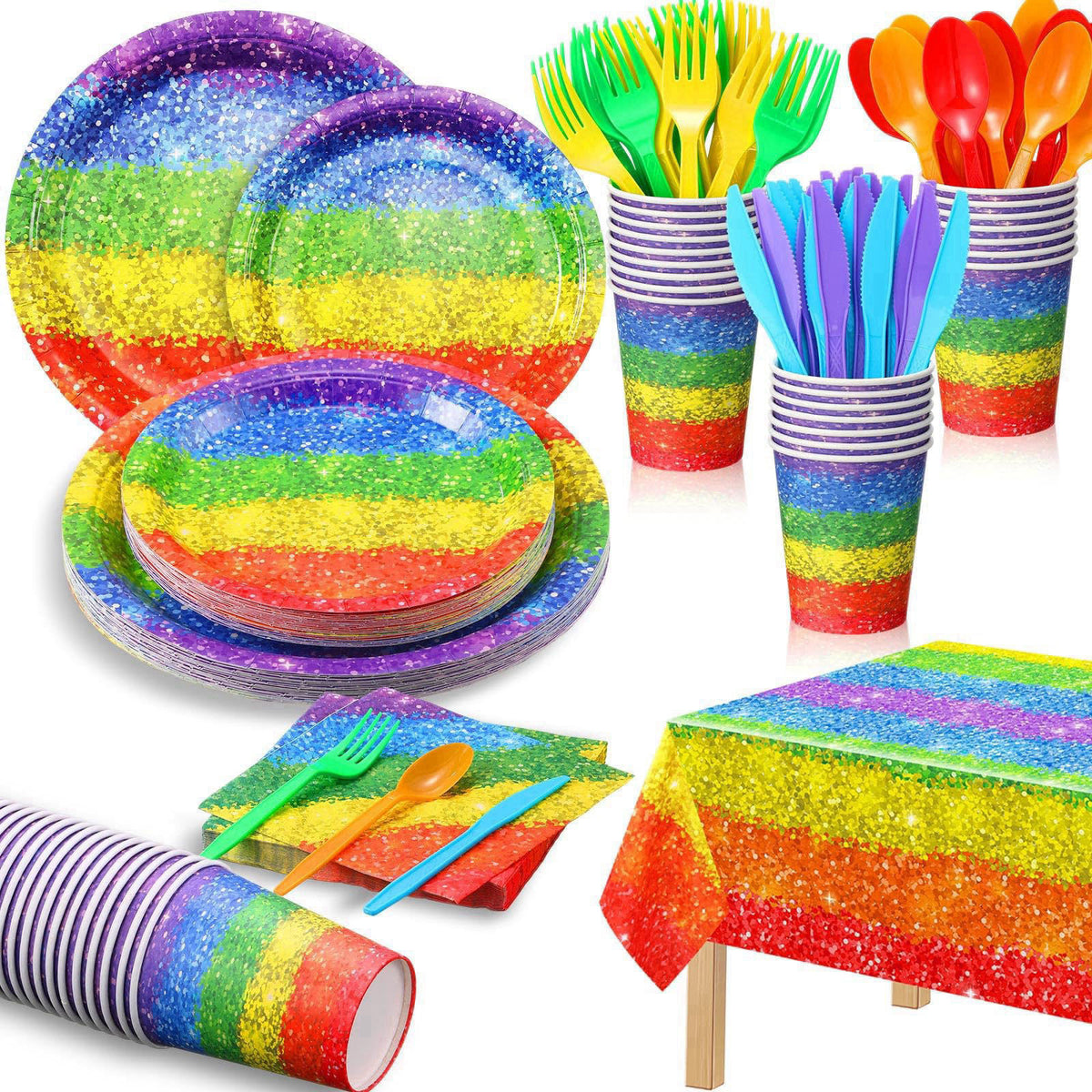 Zhehao 169 Pcs Rainbow Party Supplies Disposable Tablecloth Plates,Colorful