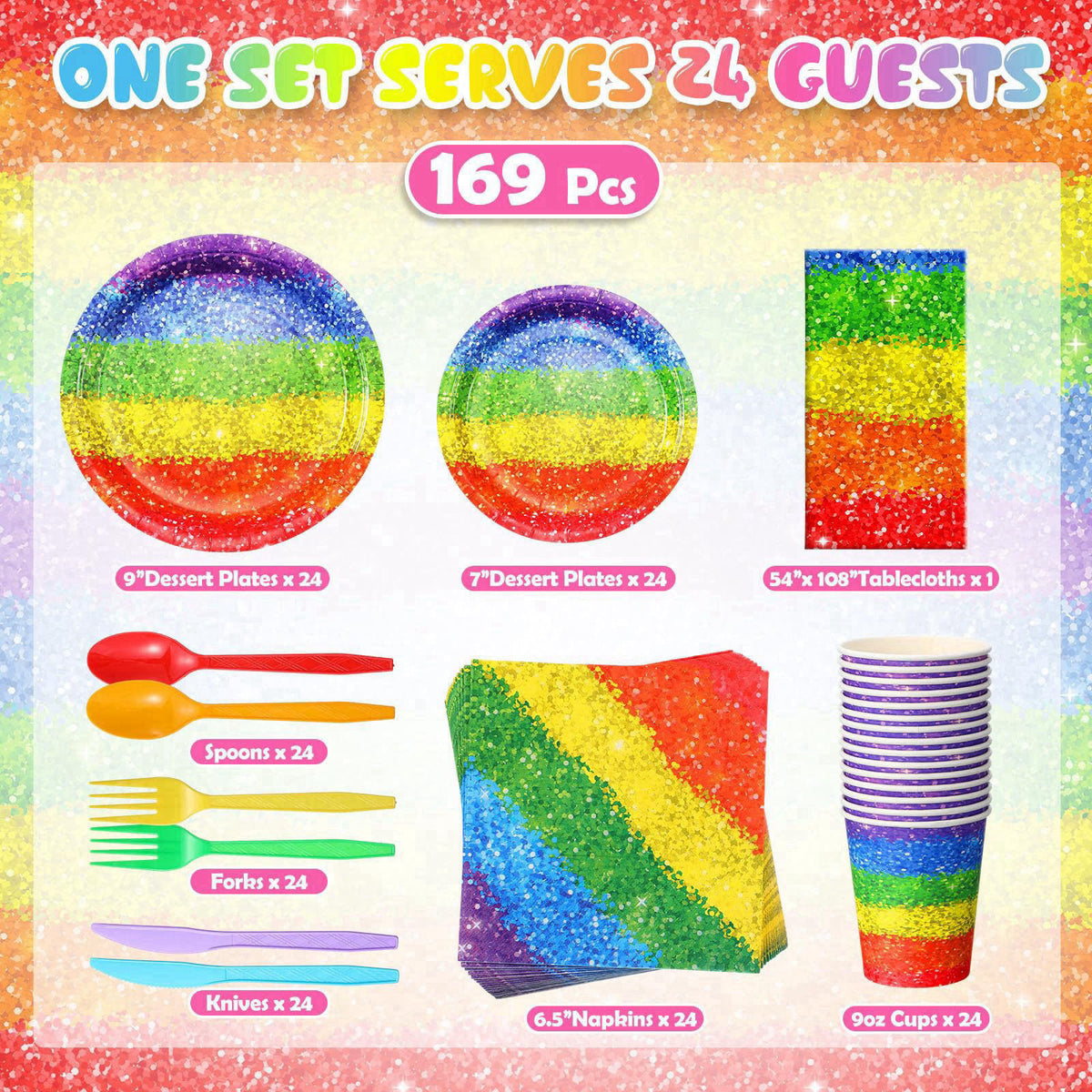 Zhehao 169 Pcs Rainbow Party Supplies Disposable Tablecloth Plates,Colorful – close-up detail