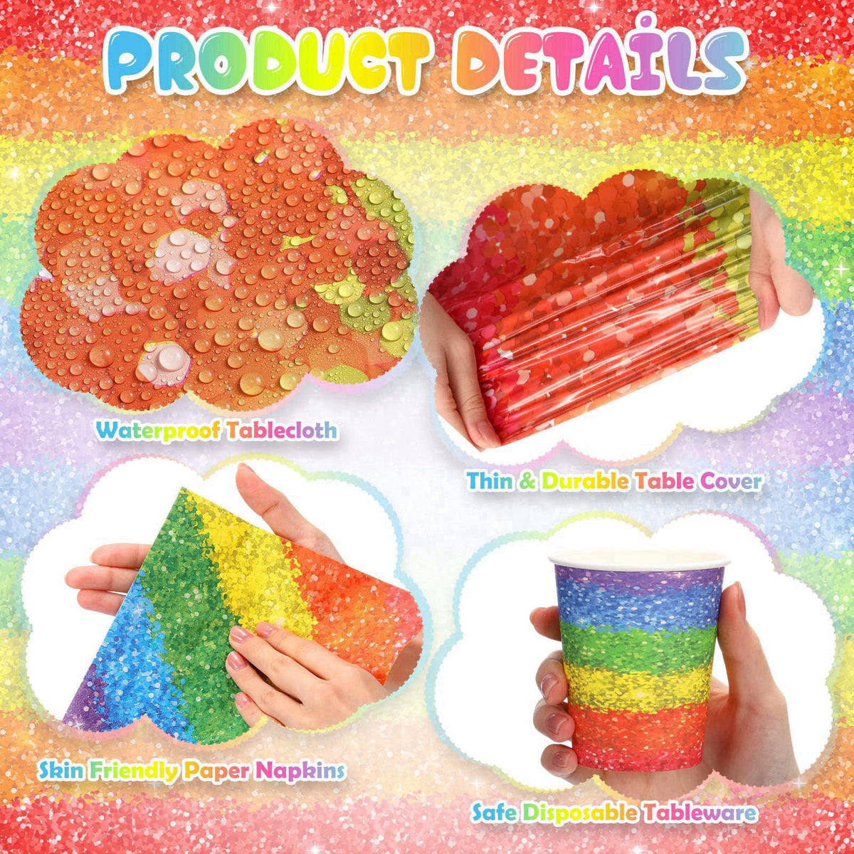 Zhehao 169 Pcs Rainbow Party Supplies Disposable Tablecloth Plates,Colorful – packaging and label