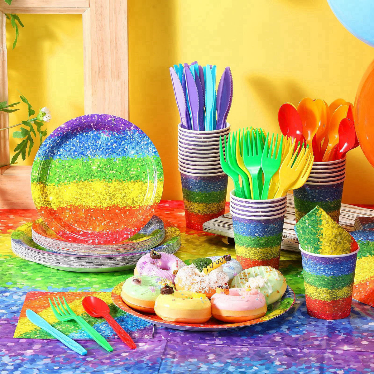 Zhehao 169 Pcs Rainbow Party Supplies Disposable Tablecloth Plates,Colorful – full view