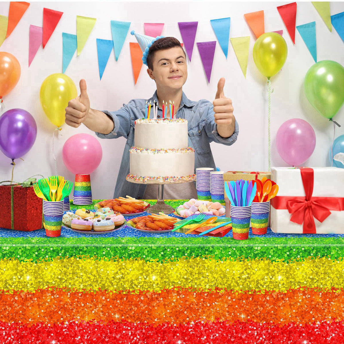 Zhehao 169 Pcs Rainbow Party Supplies Disposable Tablecloth Plates,Colorful – alternate angle