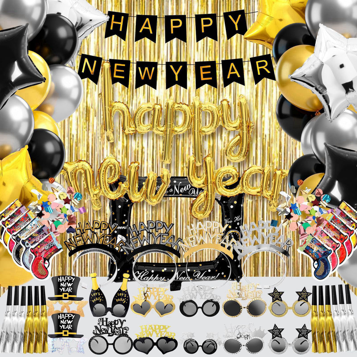 Realspring 91Pcs Happy New Year Party Supplies Plastic New Year's Eve Glasses Headbands Blowouts Inflatable Fireworks Gu