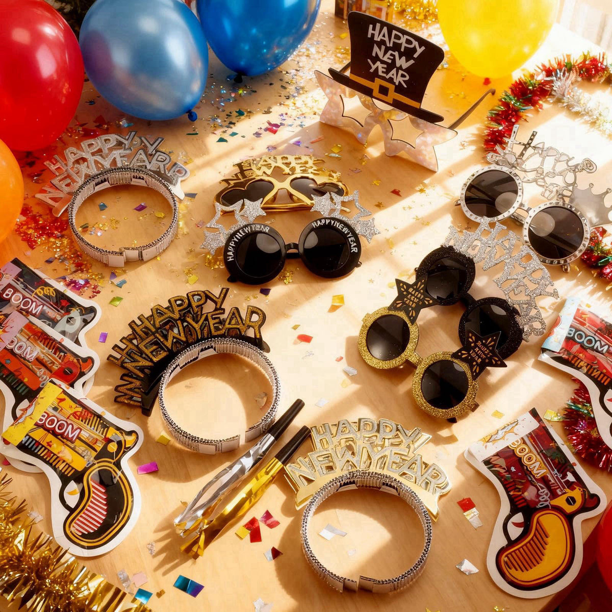 Realspring 91Pcs Happy New Year Party Supplies Plastic New Year's Eve Glasses Headbands Blowouts Inflatable Fireworks Gu