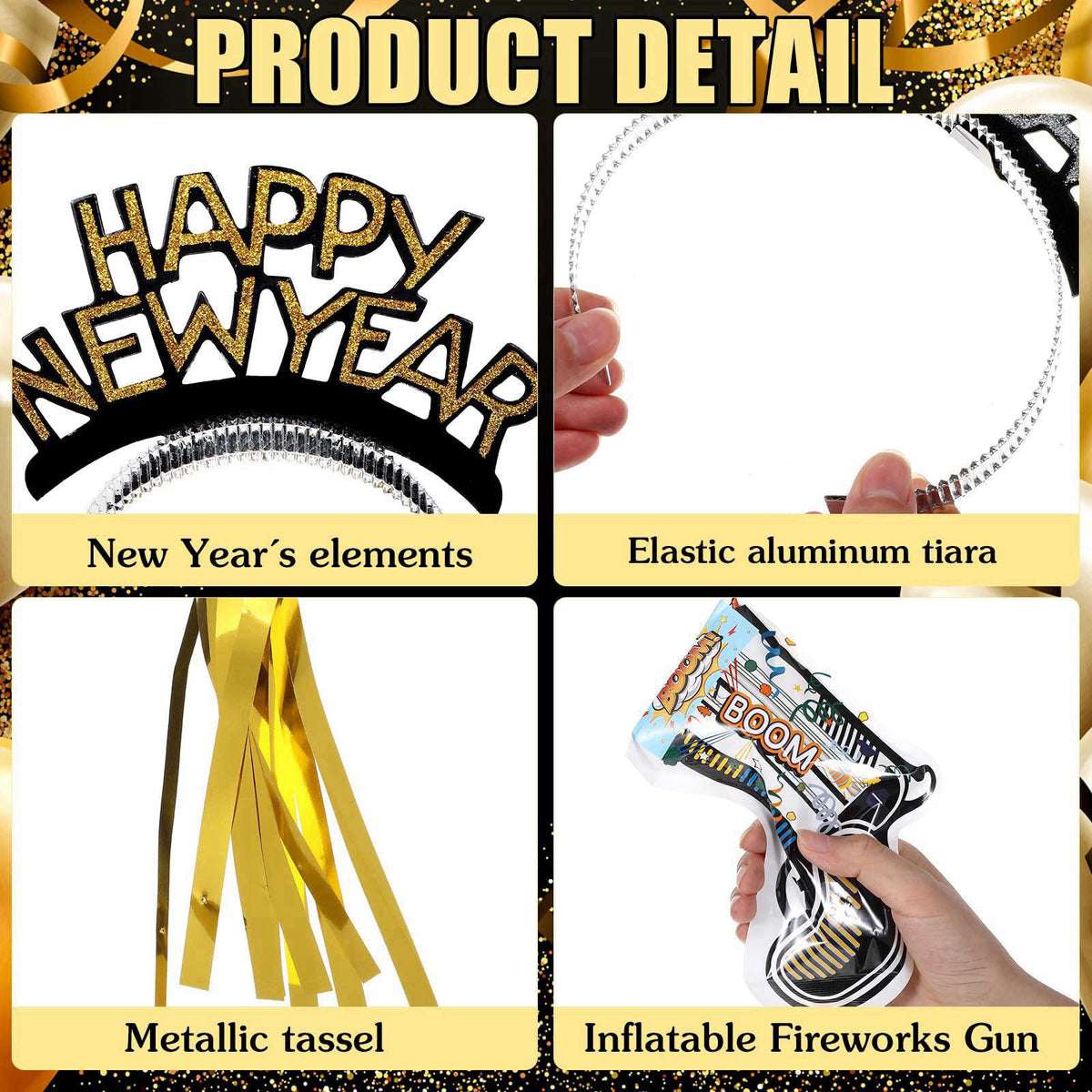 Realspring 91Pcs Happy New Year Party Supplies Plastic New Year's Eve Glasses Headbands Blowouts Inflatable Fireworks Gu