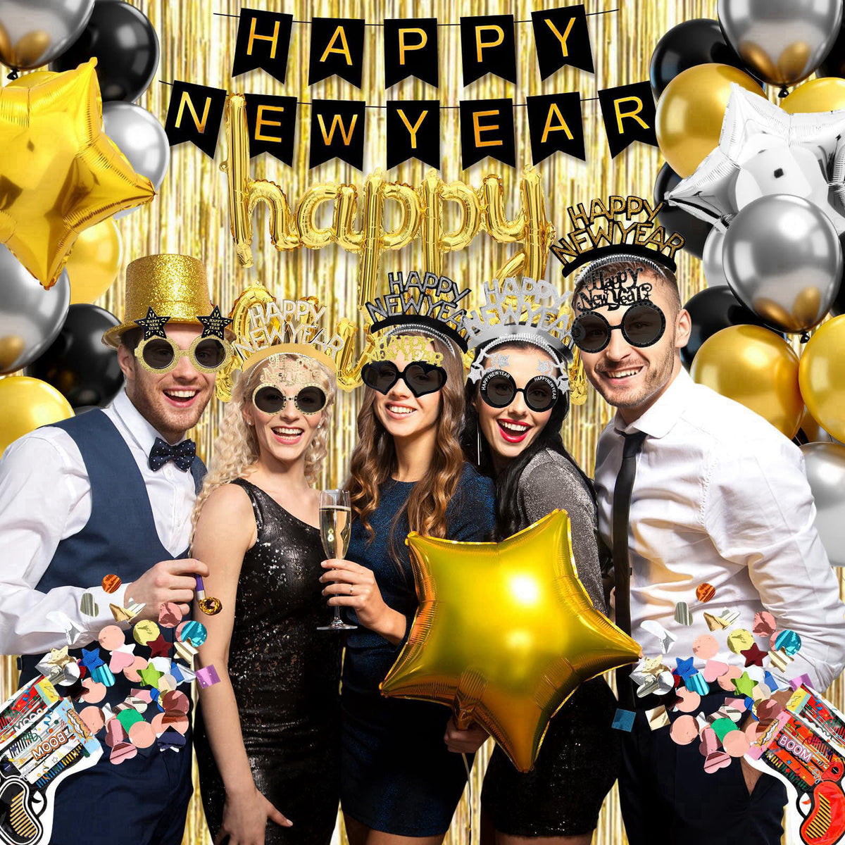 Realspring 91Pcs Happy New Year Party Supplies Plastic New Year's Eve Glasses Headbands Blowouts Inflatable Fireworks Gu