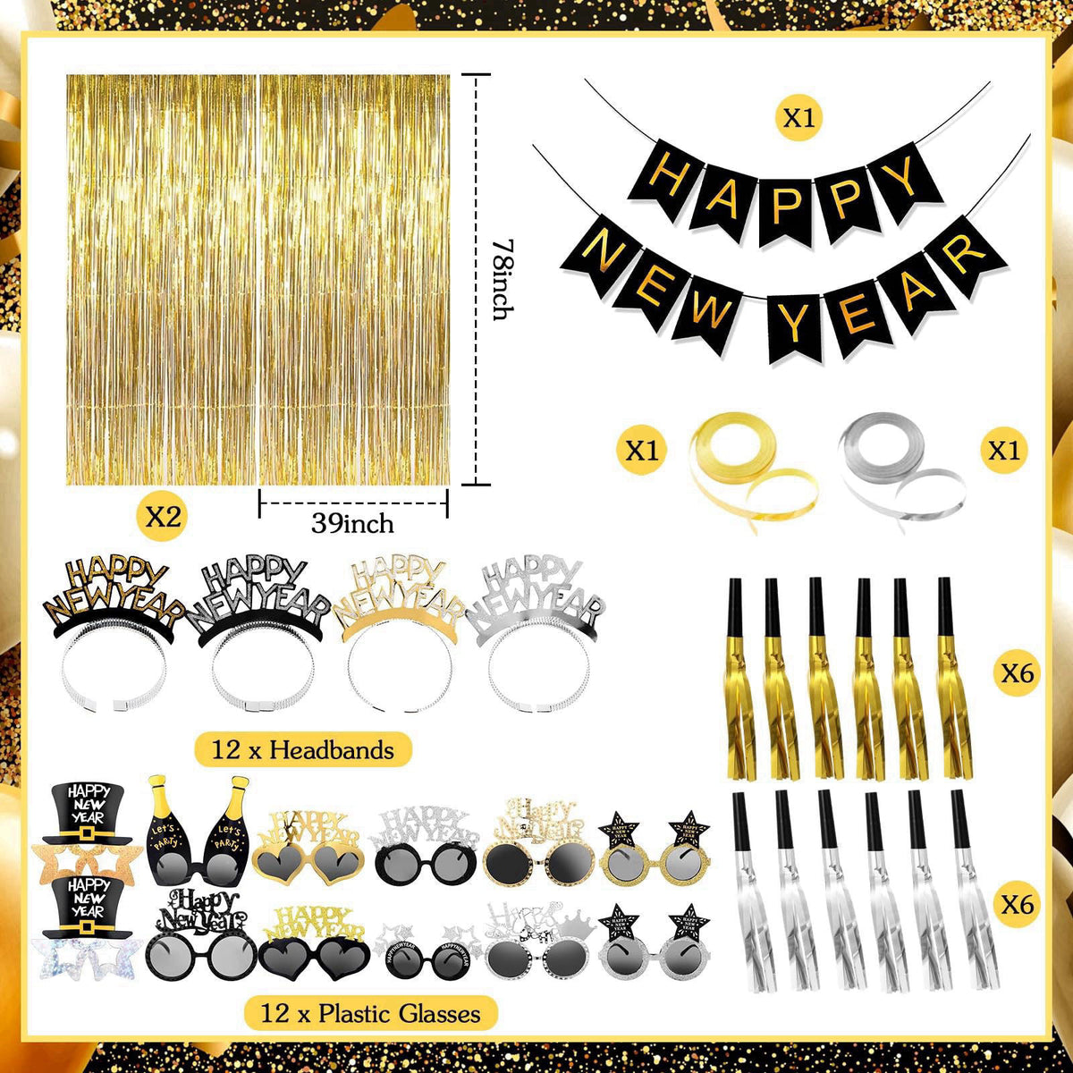 Realspring 91Pcs Happy New Year Party Supplies Plastic New Year's Eve Glasses Headbands Blowouts Inflatable Fireworks Gu