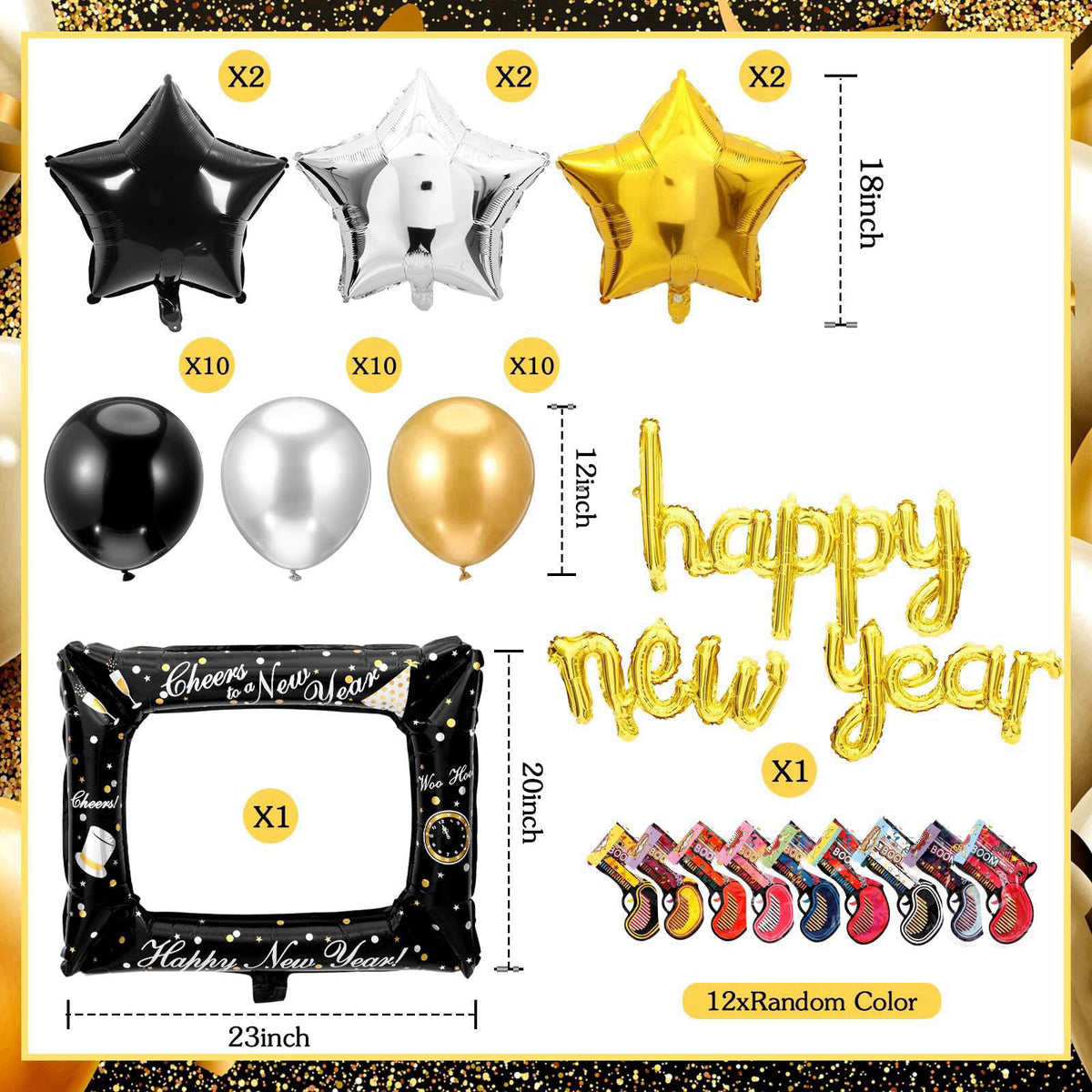 Realspring 91Pcs Happy New Year Party Supplies Plastic New Year's Eve Glasses Headbands Blowouts Inflatable Fireworks Gu