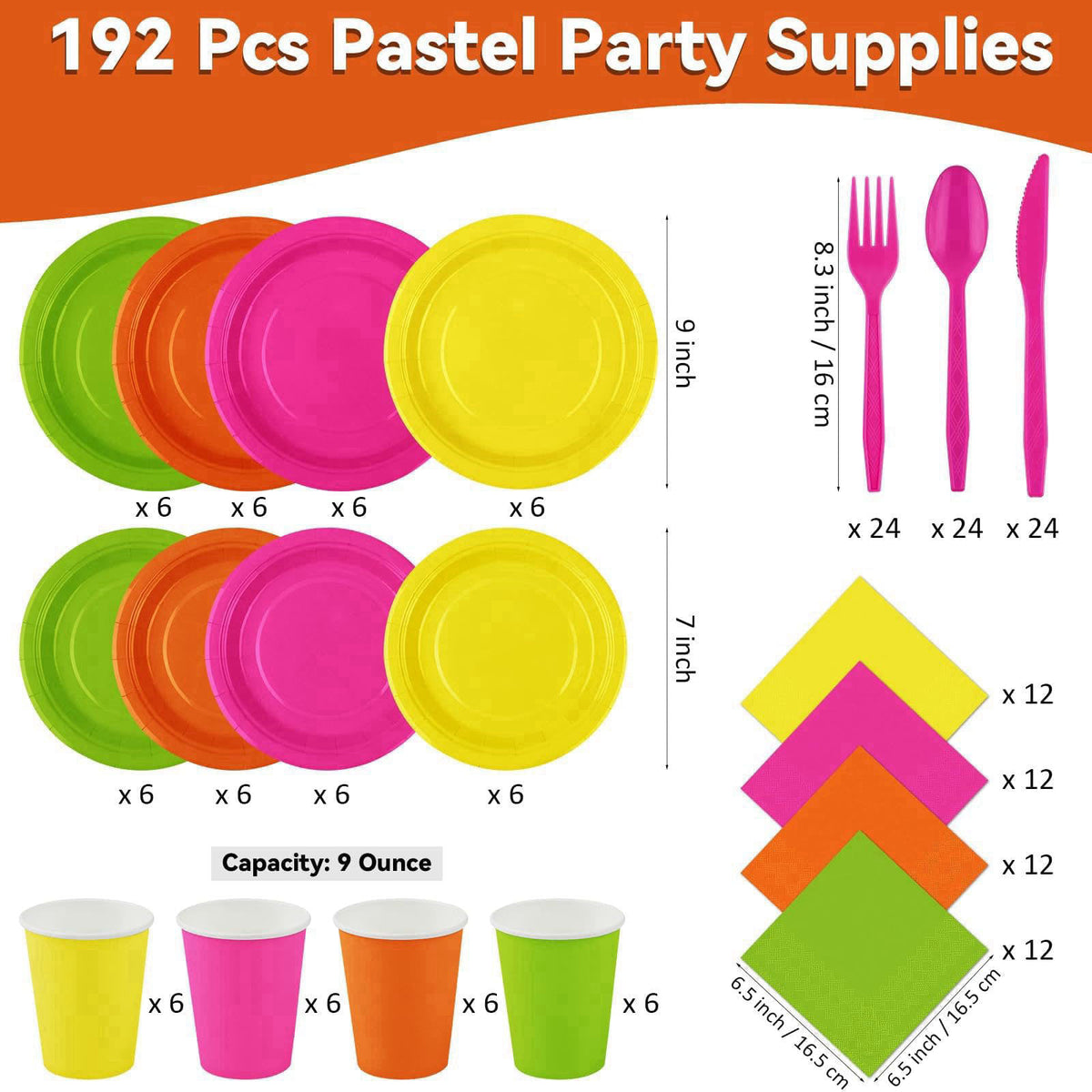 durony 192 Pcs Neon Party Supplies Paper Plates Cups Napkins Hard Plastic Cutlery Forks Knives Spoons Disposable Glow Pa