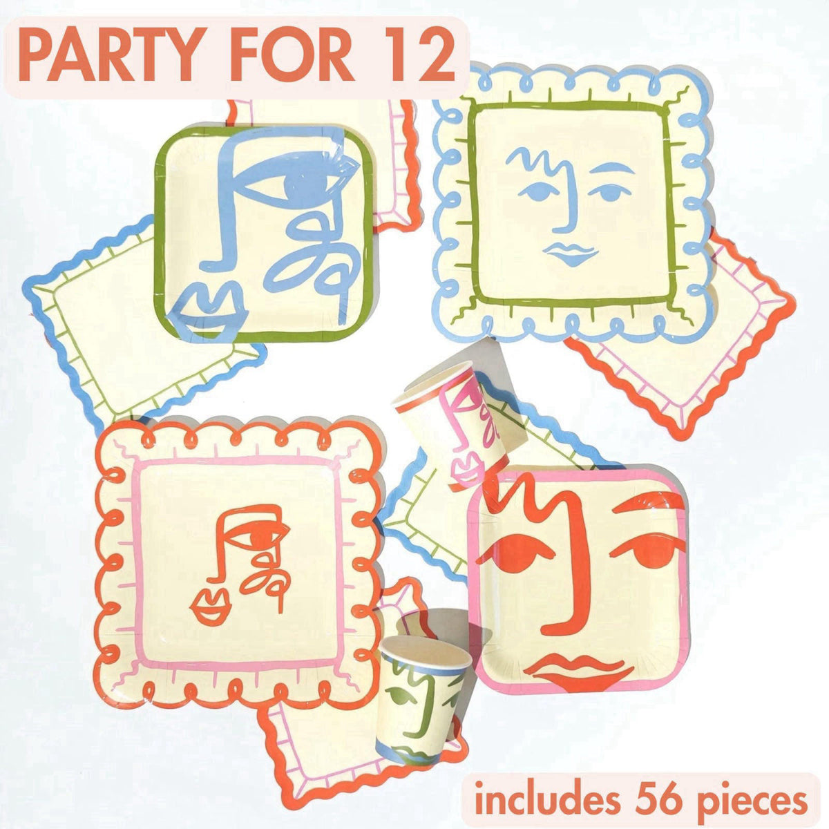 Pop Party Supplies Colorful Birthday Party Supplies – Abstract Face Plates, Cups & Napkins – product photo (Party Packs)