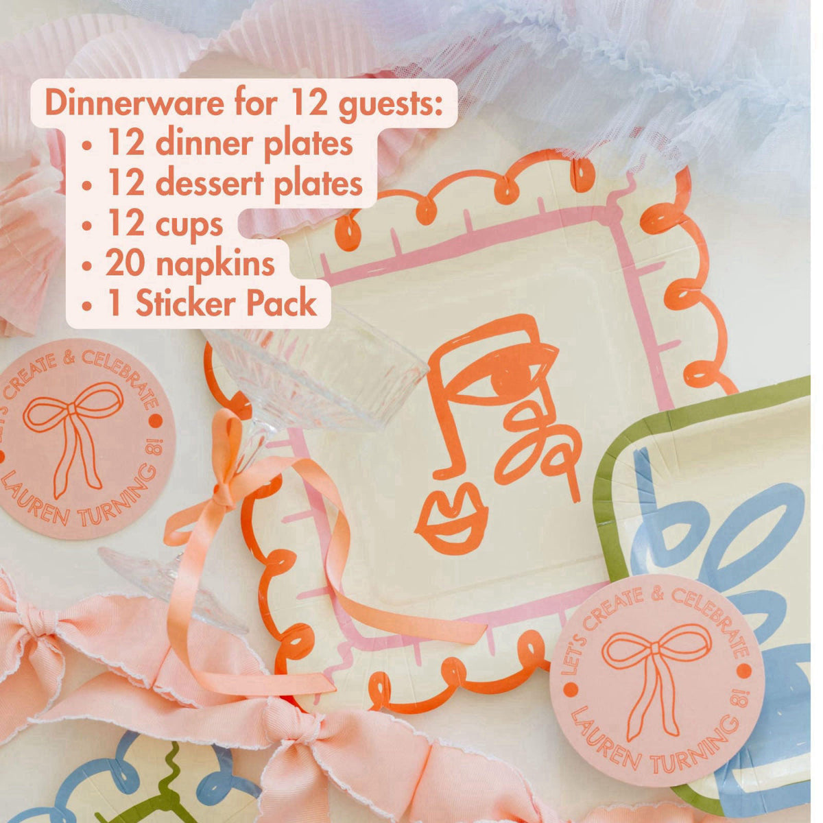 Pop Party Supplies Colorful Birthday Party Supplies – Abstract Face Plates, Cups & Napkins – close-up detail