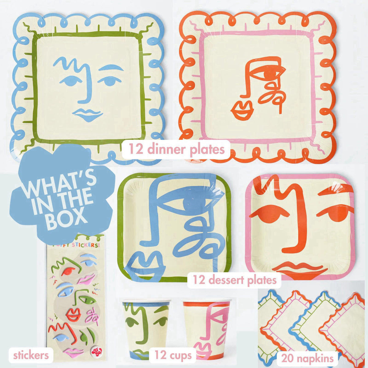 Pop Party Supplies Colorful Birthday Party Supplies – Abstract Face Plates, Cups & Napkins – packaging and label
