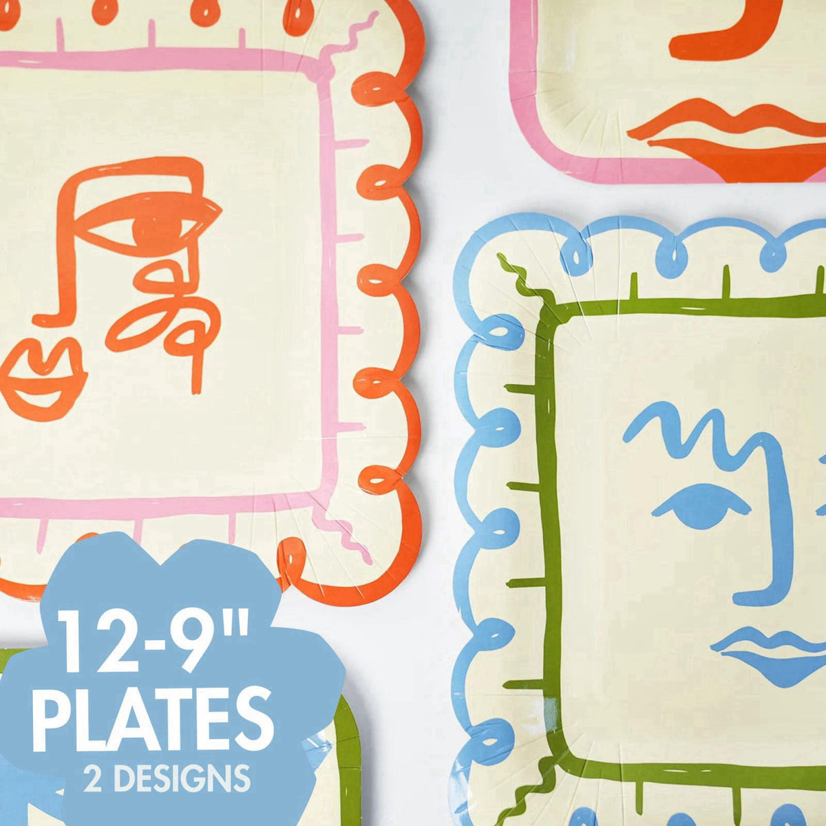 Pop Party Supplies Colorful Birthday Party Supplies – Abstract Face Plates, Cups & Napkins – back view and specification