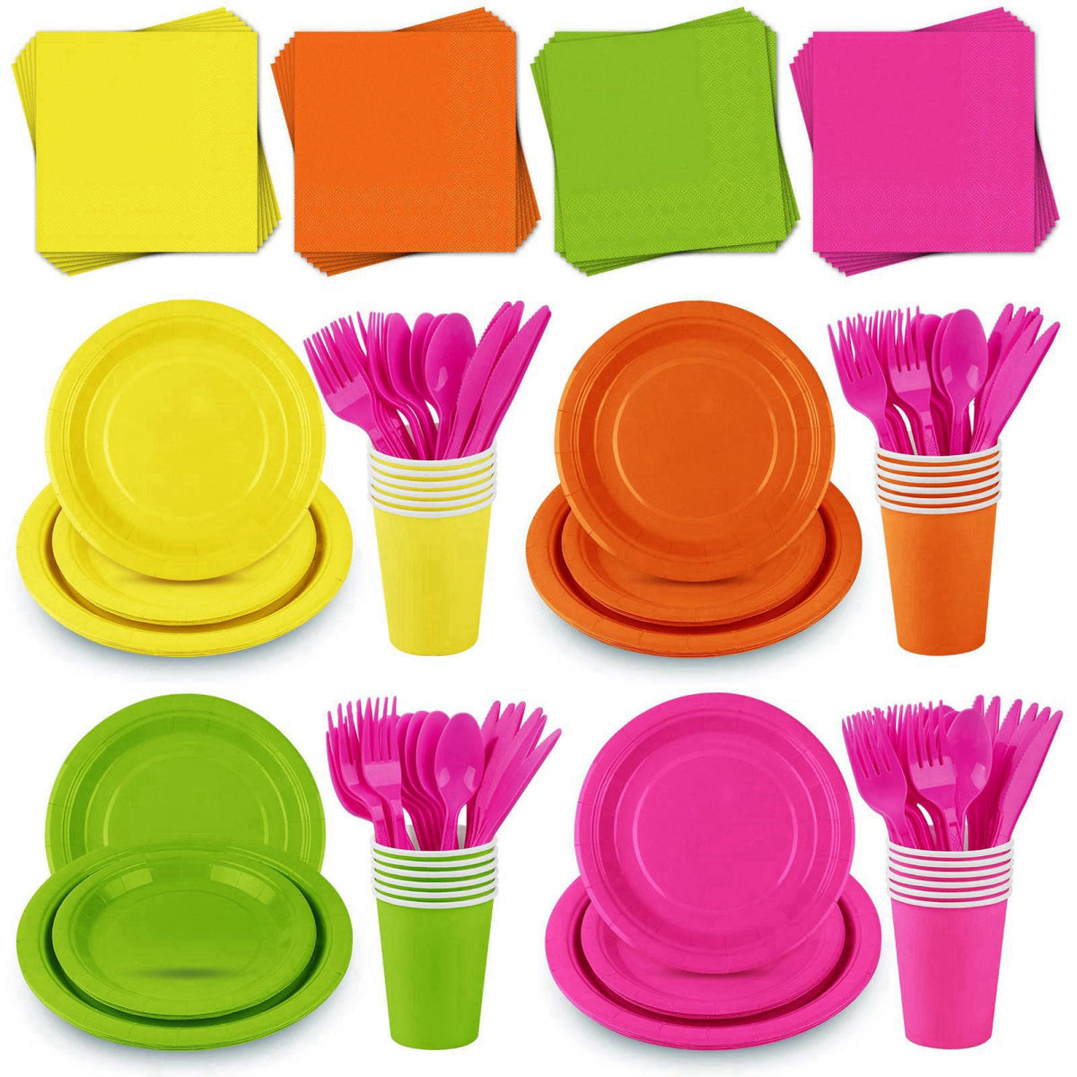 Kochorie 192 Pieces Neon Party Supplies Disposable Paper Plates Cups Napkins Plastic Forks Knives Spoons for Neon Festiv