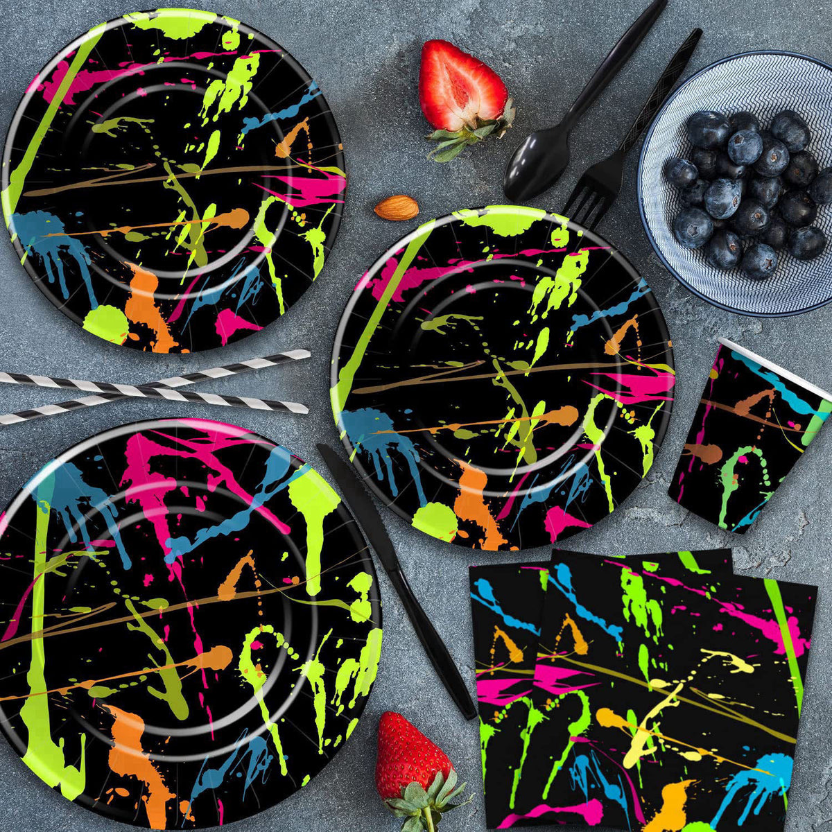 HIPVVILD Neon Glow Party Supplies, Graffiti Neon Theme Birthday Decorations – back view and specifications