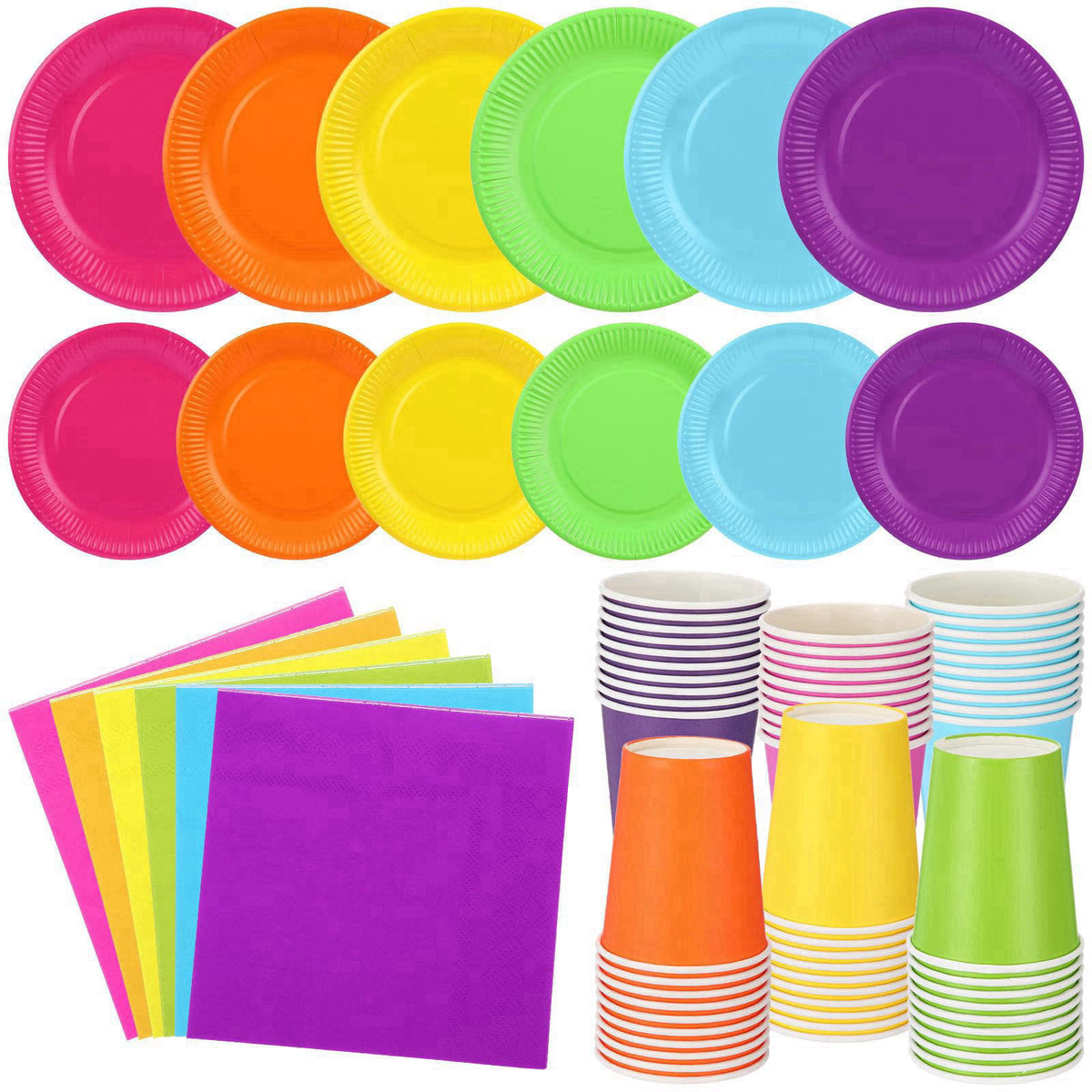 Geosar 240 Pcs Rainbow Party Plates Cups Napkins Paper Set, Rich Color – Rich Color, Plate and cup: paper