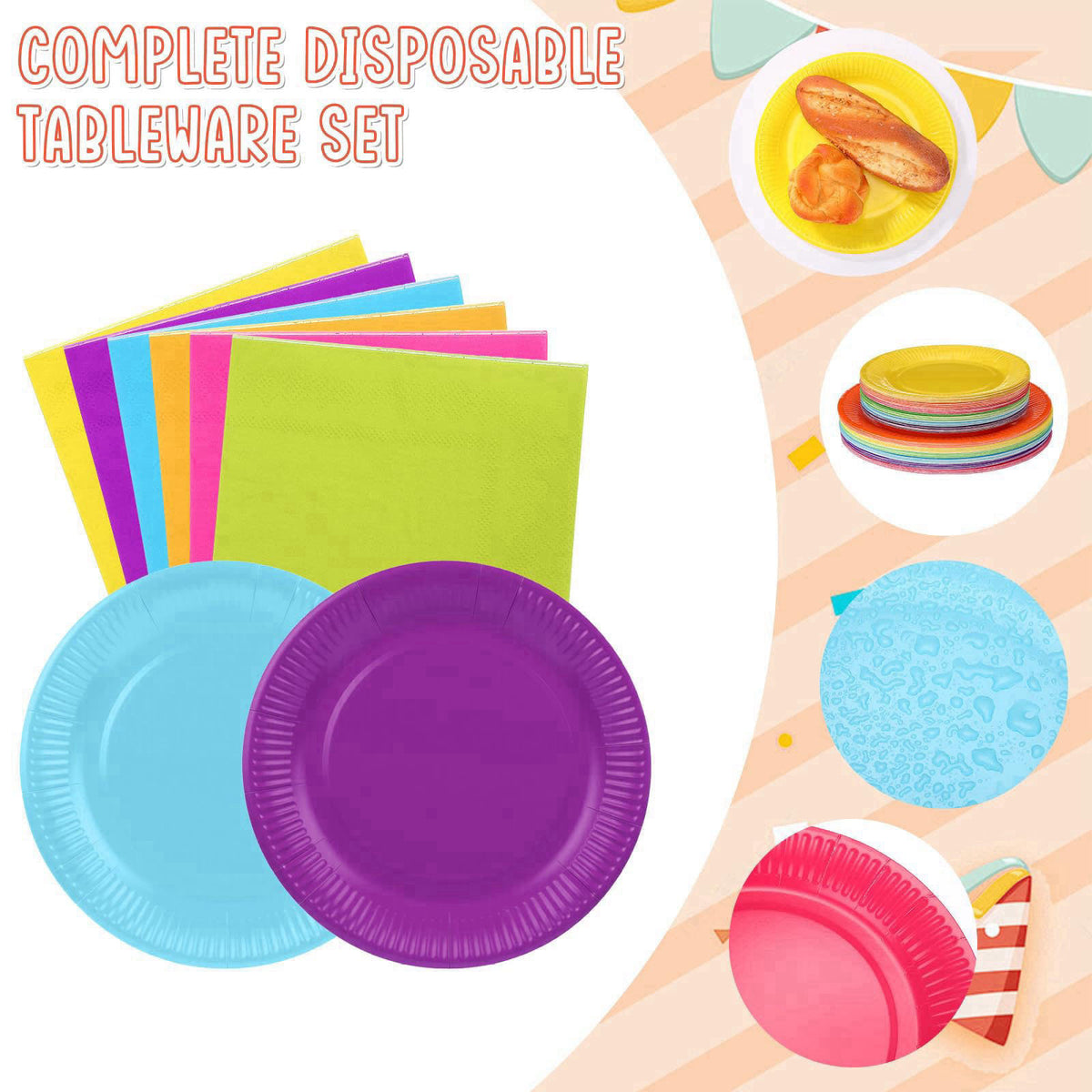 Geosar 240 Pcs Rainbow Party Plates Cups Napkins Paper Set, Rich Color – close-up detail in Rich Color