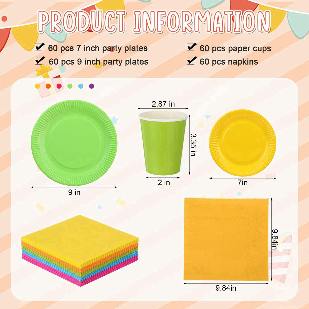 Geosar 240 Pcs Rainbow Party Plates Cups Napkins Paper Set, Rich Color – packaging and label