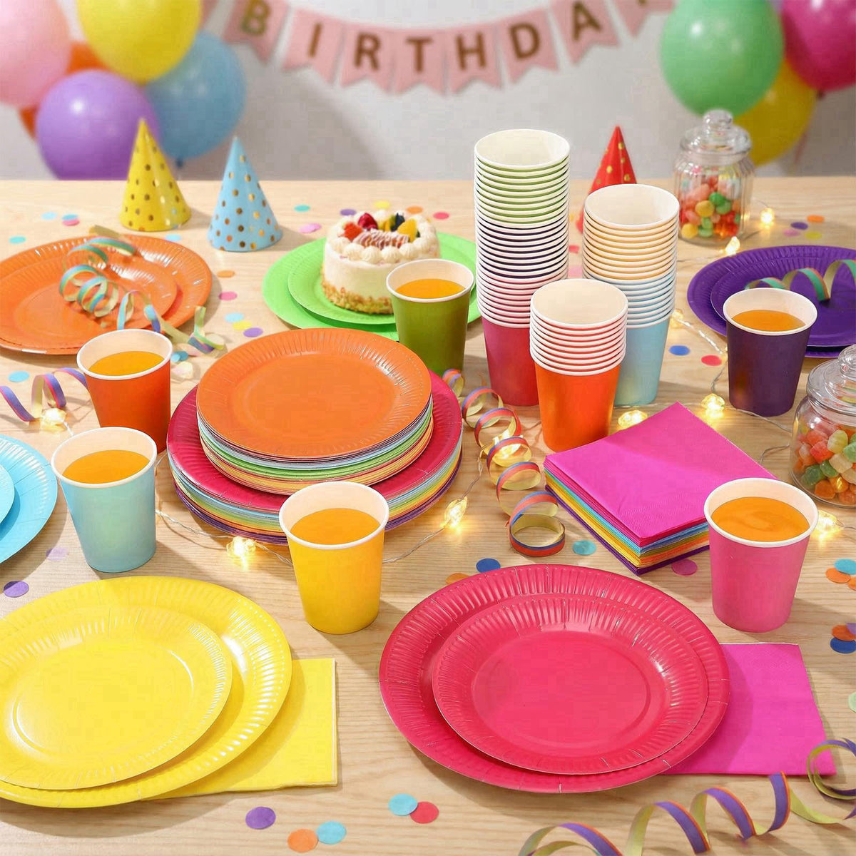 Geosar 240 Pcs Rainbow Party Plates Cups Napkins Paper Set, Rich Color – full view