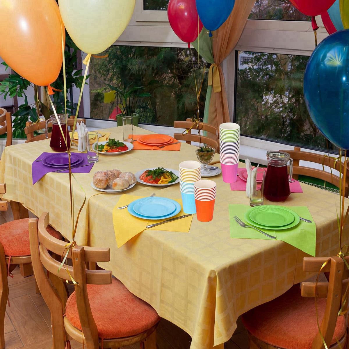 Geosar 240 Pcs Rainbow Party Plates Cups Napkins Paper Set, Rich Color – back view and specifications