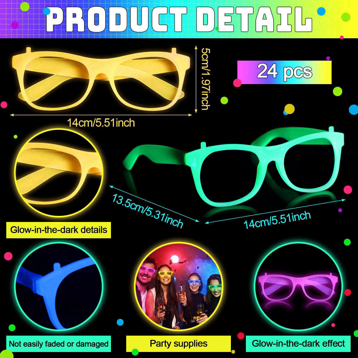 Viozakanry Halloween Glow in The Dark Glasses, Neon Glasses, UV Reactive – close-up detail in Green, Light Pink, Bright 