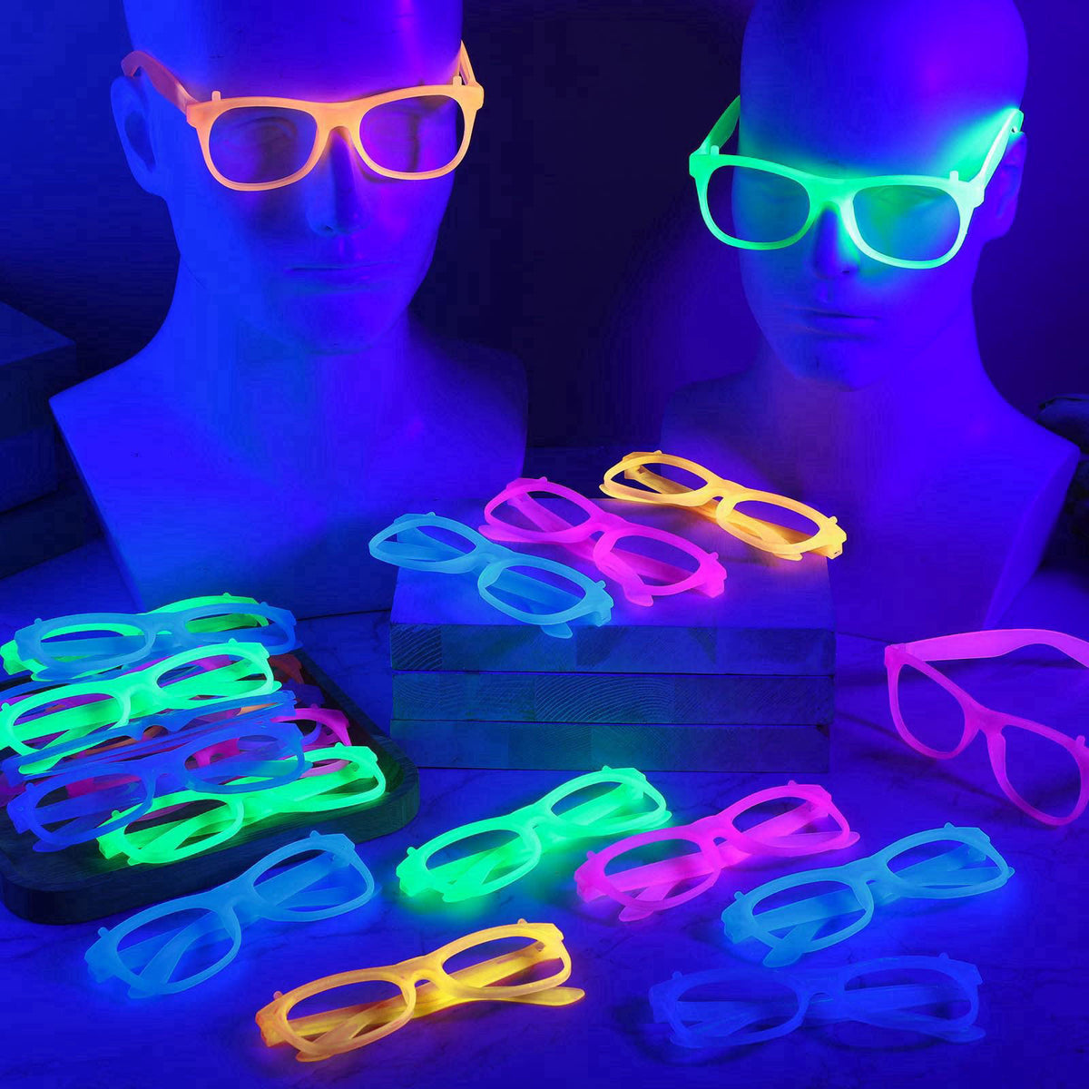 Viozakanry Halloween Glow in The Dark Glasses, Neon Glasses, UV Reactive – full view, size about 5.31 x 5.51 x 1.97 inch