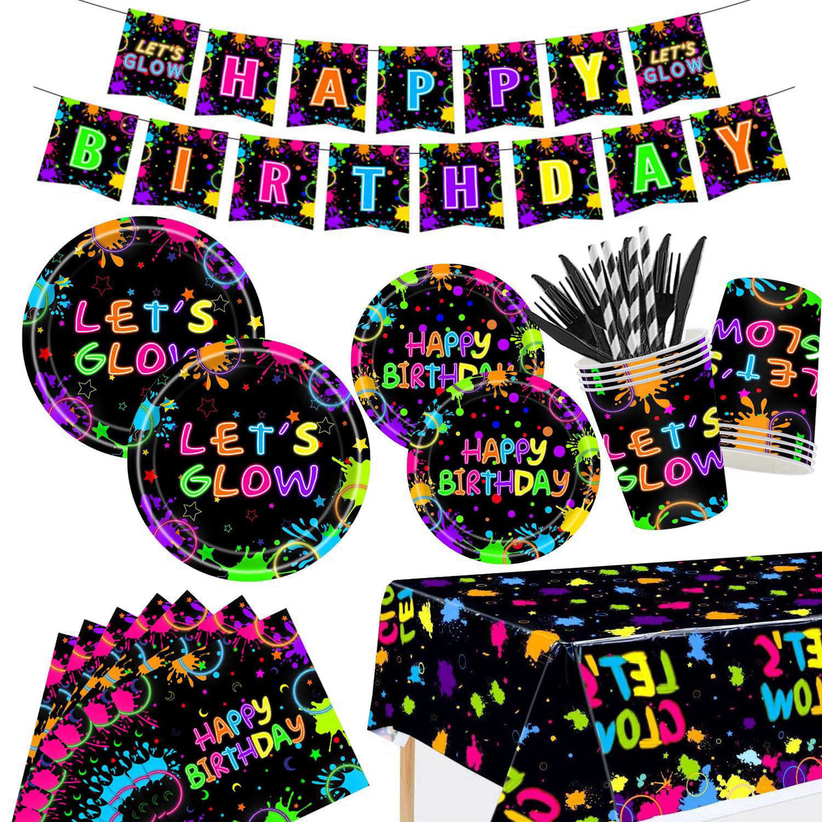 GalaHub 194 Pcs Neon Glow in the Dark Party Supplies Decorations Serve 24, Includes Plates, Napkins, Tablecloth, Banner,