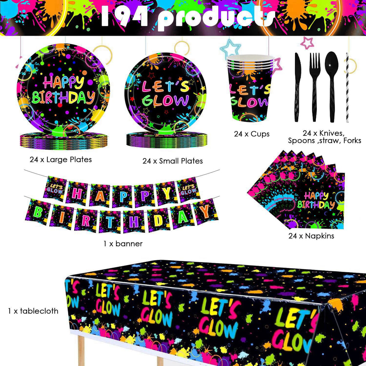 GalaHub 194 Pcs Neon Glow in the Dark Party Supplies Decorations Serve 24, Includes Plates, Napkins, Tablecloth, Banner,