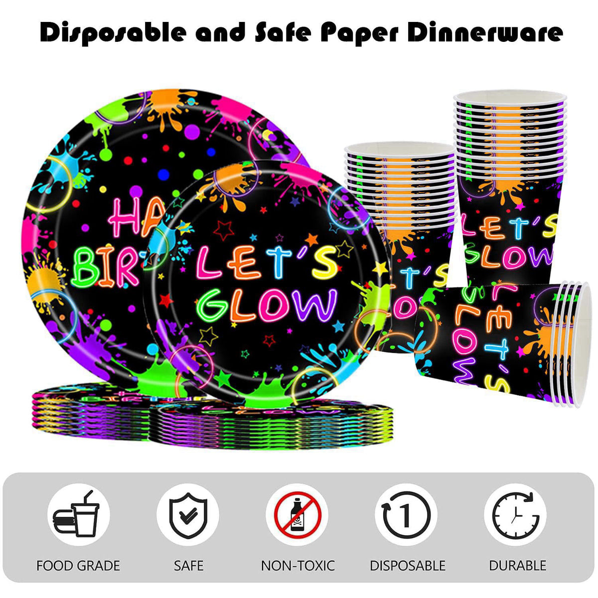 GalaHub 194 Pcs Neon Glow in the Dark Party Supplies Decorations Serve 24, Includes Plates, Napkins, Tablecloth, Banner,