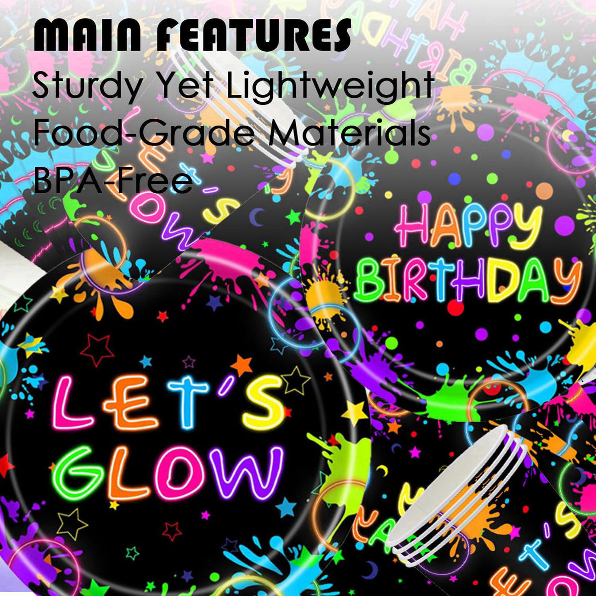 GalaHub 194 Pcs Neon Glow in the Dark Party Supplies Decorations Serve 24, Includes Plates, Napkins, Tablecloth, Banner,