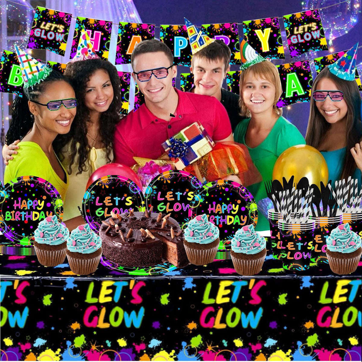 GalaHub 194 Pcs Neon Glow in the Dark Party Supplies Decorations Serve 24, Includes Plates, Napkins, Tablecloth, Banner,