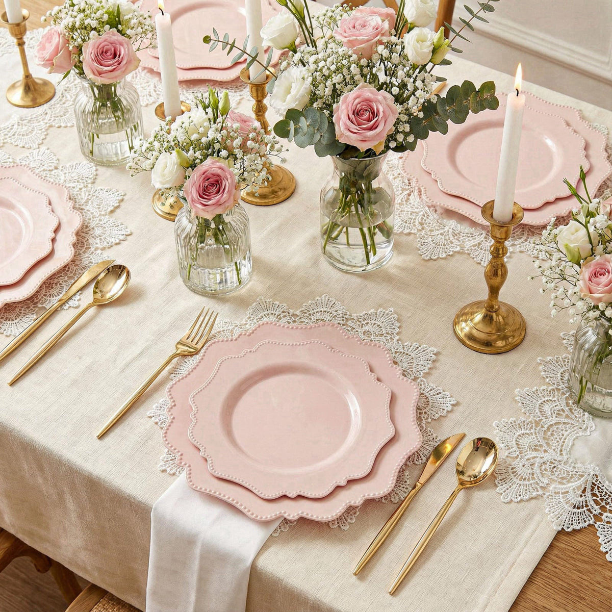 COLOSUS 60 PCS Pink Disposable Plastic Plates, Fancy Beaded Party Plates. – back view and specifications