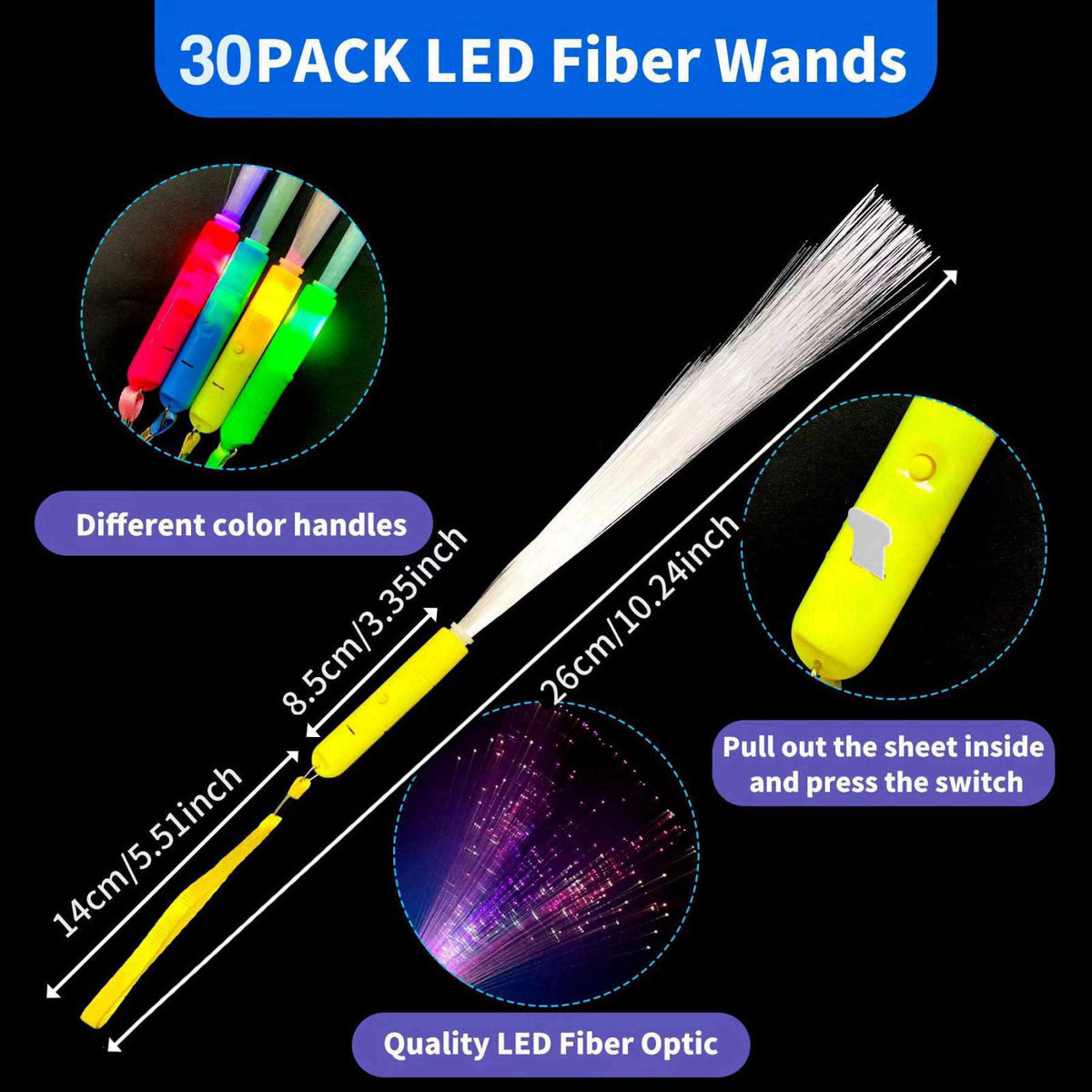 YOFOBU 30Pack LED Fiber Optic Wands,Glow Wands,LED Light Up Wands with 3 Flashing Models,Glow Wands Sticks for Halloween