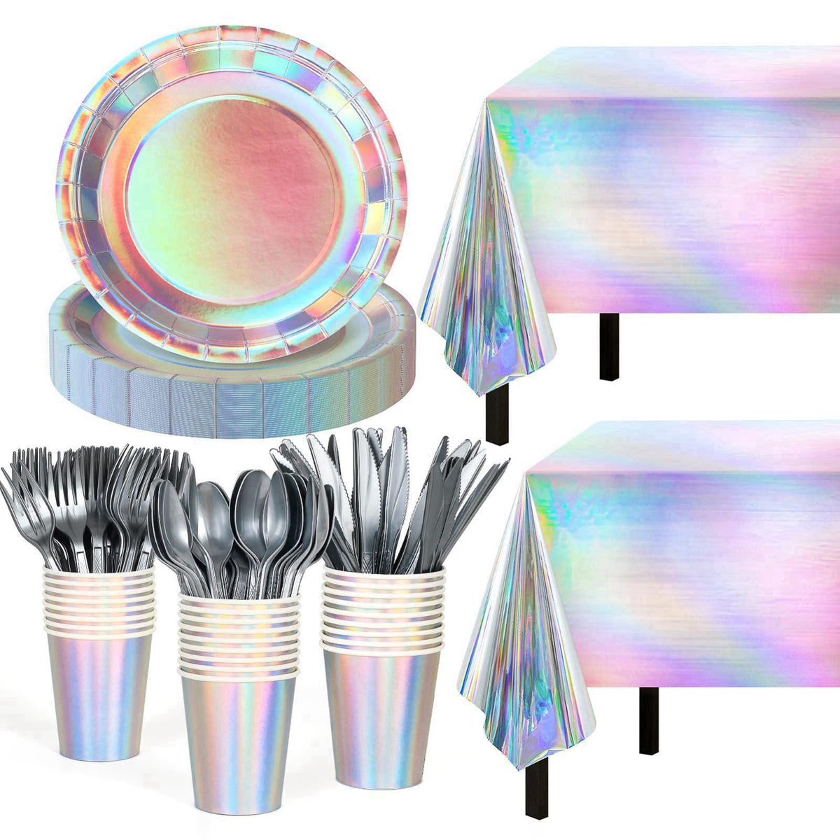 Childom Iridescent Party Decorations,132 Pcs Disposable Iridescent Party Plates Cups Knives Spoons Forks for Party Suppl