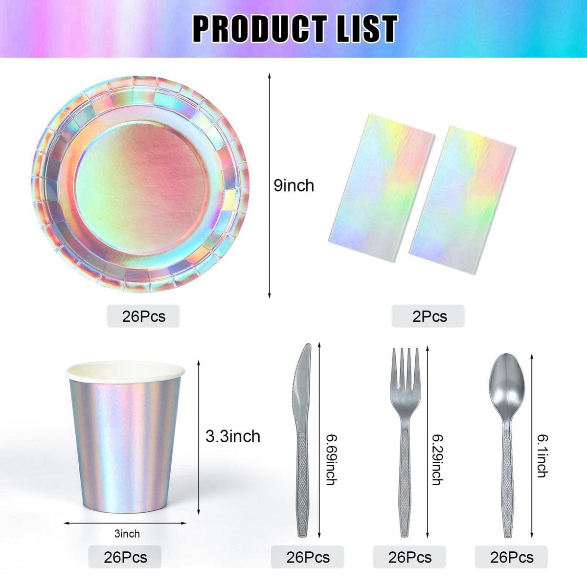 Childom Iridescent Party Decorations,132 Pcs Disposable Iridescent Party Plates Cups Knives Spoons Forks for Party Suppl