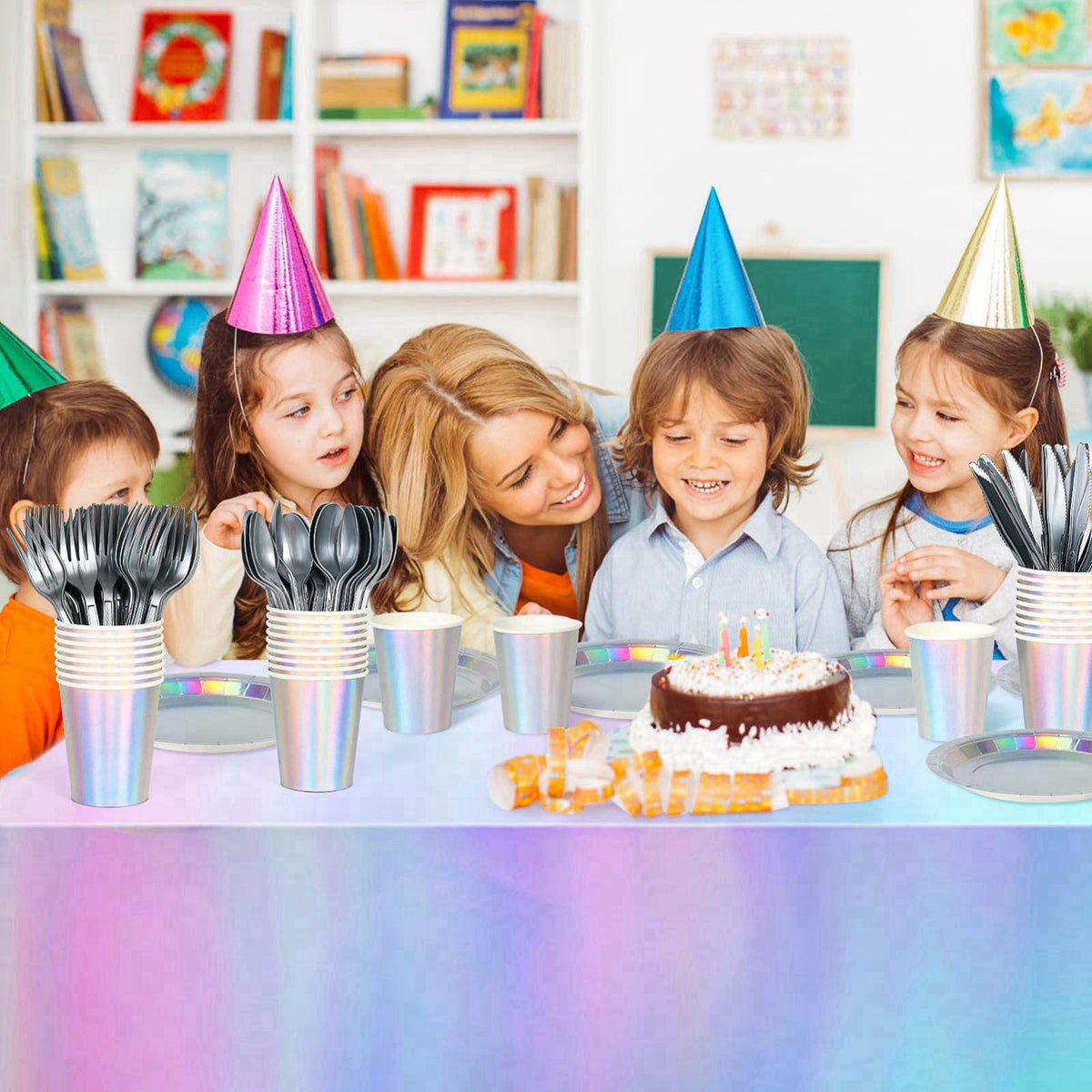 Childom Iridescent Party Decorations,132 Pcs Disposable Iridescent Party Plates Cups Knives Spoons Forks for Party Suppl