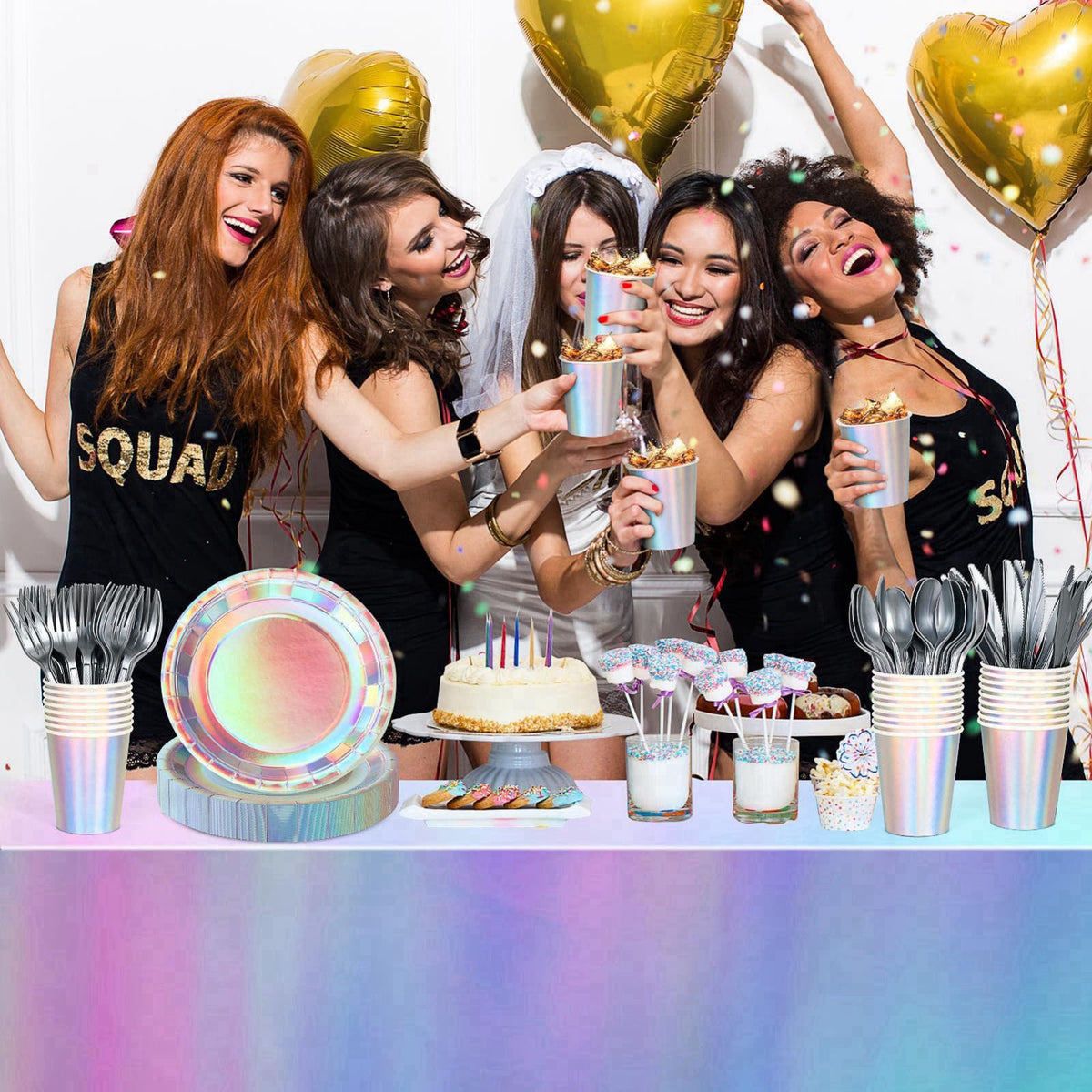 Childom Iridescent Party Decorations,132 Pcs Disposable Iridescent Party Plates Cups Knives Spoons Forks for Party Suppl