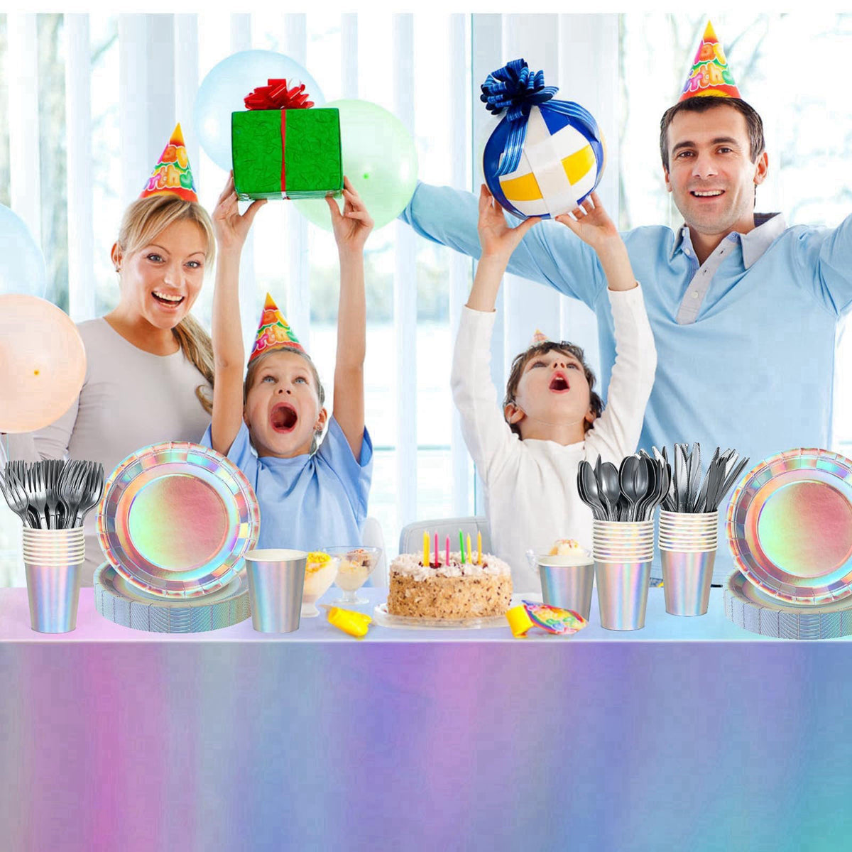Childom Iridescent Party Decorations,132 Pcs Disposable Iridescent Party Plates Cups Knives Spoons Forks for Party Suppl