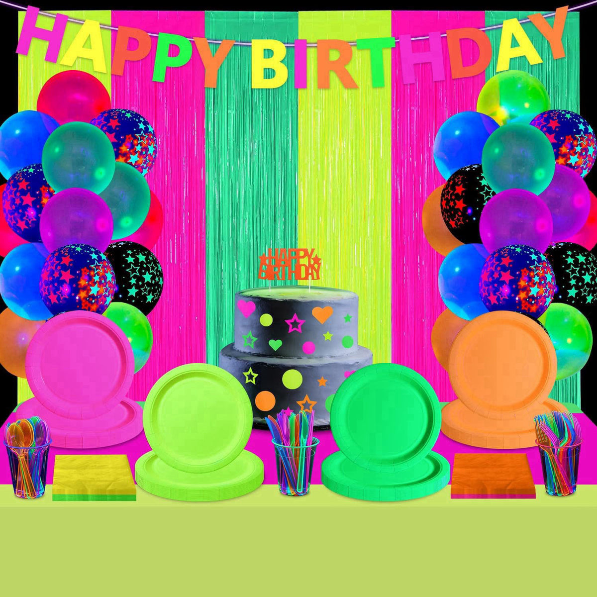APUXXJUPA 223 PCS Glow in the Dark Party Supplies, Including Colorful Plates Napkins Tablecloth Happy Birthday Banner an