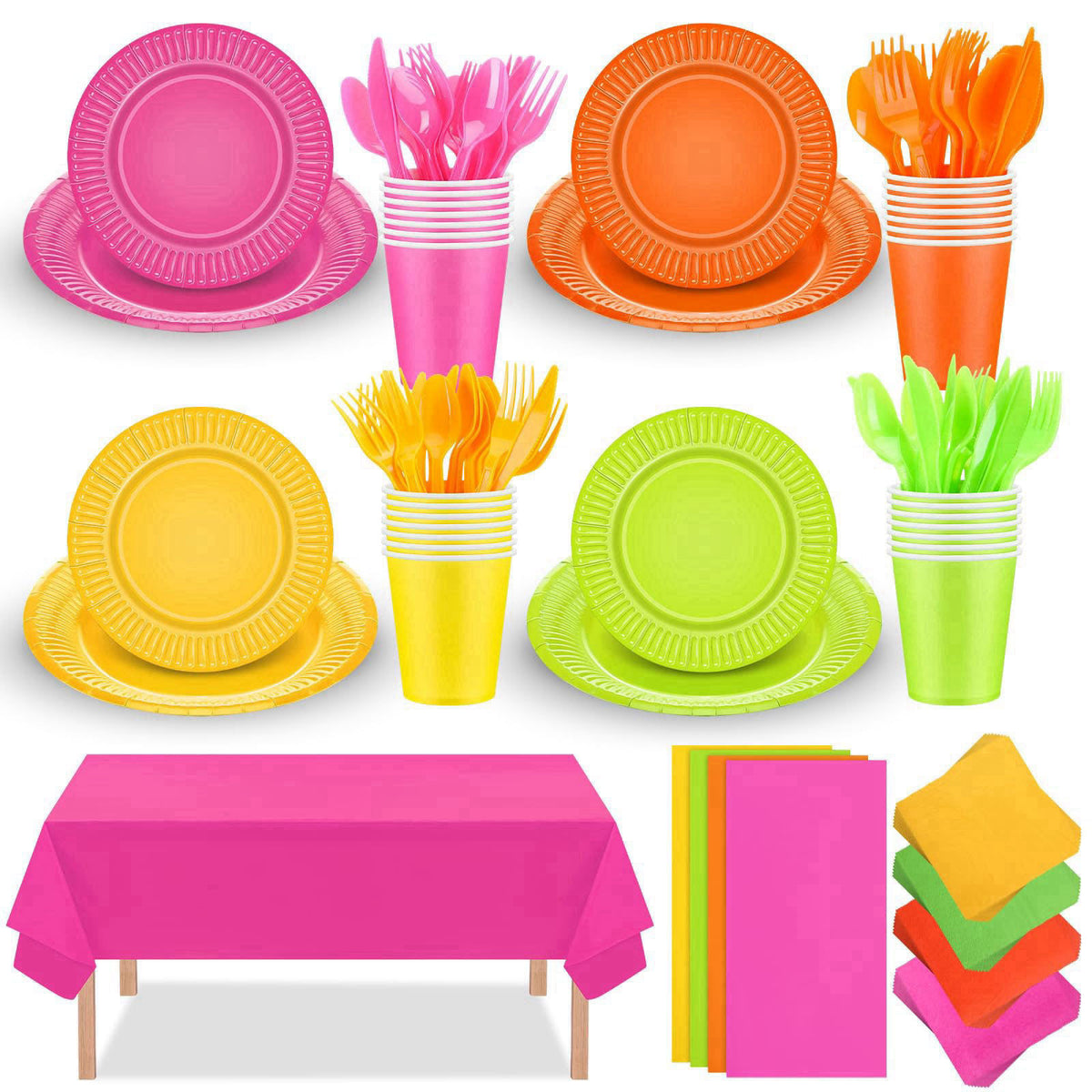 Qinyoung 124 Pcs Neon Party Supplies for 24 Guests Glow Party Tableware Set