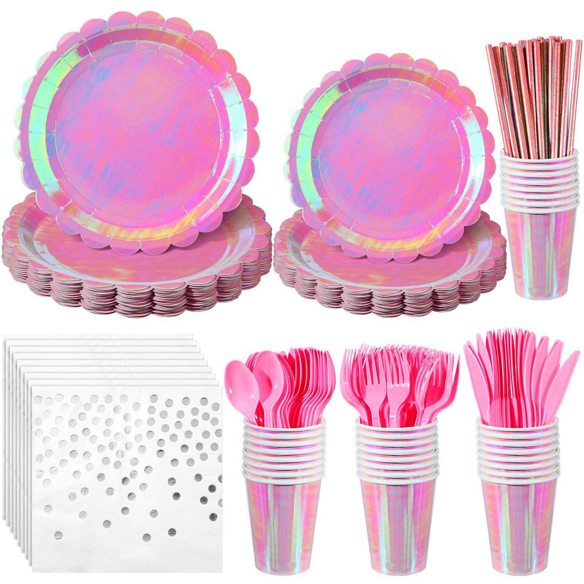 Jinei 200 Pcs Iridescent Pink Party Supplies Decorations Serve 25 – Holographic Iridescent Color, paper, plastic