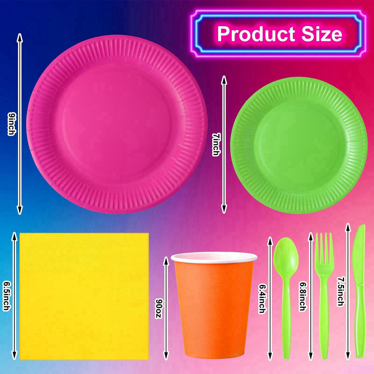 Tioncy 350 Pcs Neon Glow Party Supplies Serves 50, Plates Napkins Cups – close-up detail