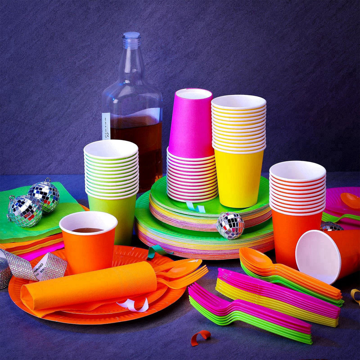 Tioncy 350 Pcs Neon Glow Party Supplies Serves 50, Plates Napkins Cups – packaging and label